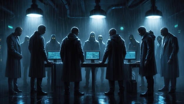 A group of law enforcement officers in a high-tech cybercrime unit, working collaboratively to investigate a cyber threat.