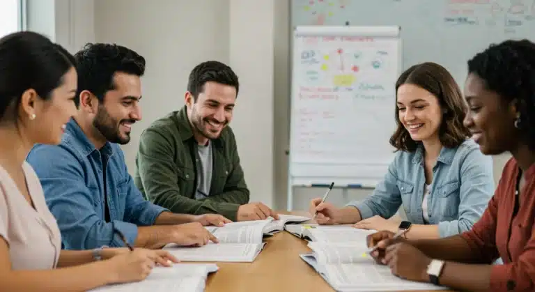 Adult students studying together for a high school equivalency exam in a modern classroom.