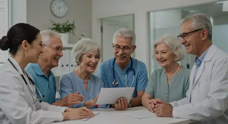 Diverse group discussing dual eligible plans with healthcare worker