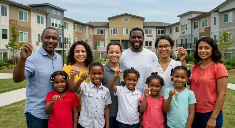 Families celebrating in front of new affordable housing complex