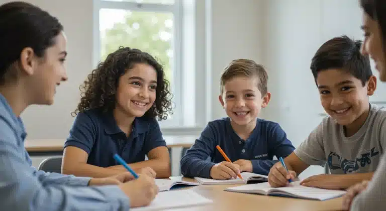 Students and tutor in a free K-12 tutoring session, engaged and learning.