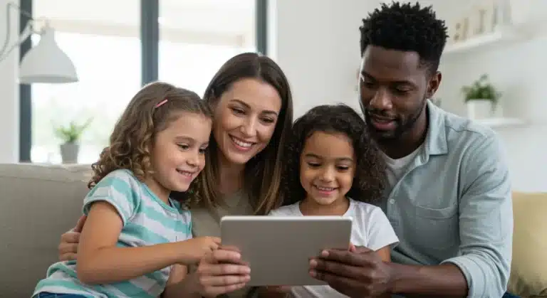 Happy family reviewing CHIP application information on a tablet