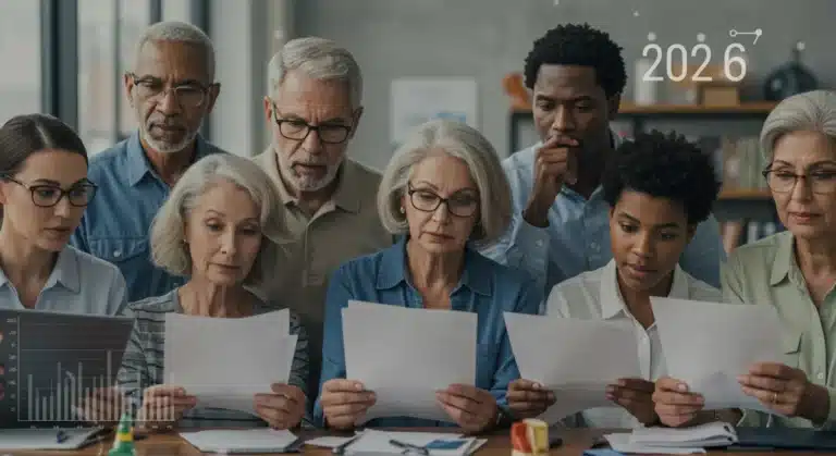 Diverse Americans reviewing 2026 health insurance documents, planning for medical costs