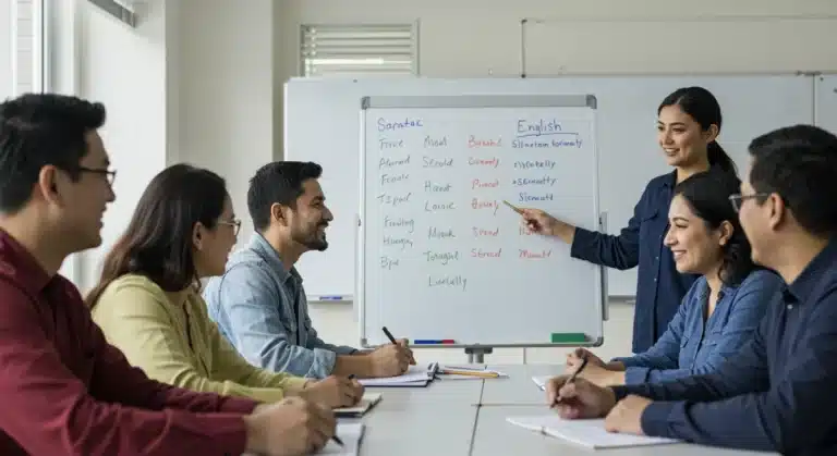 Diverse group of immigrants learning English in a free ESL class in the U.S.