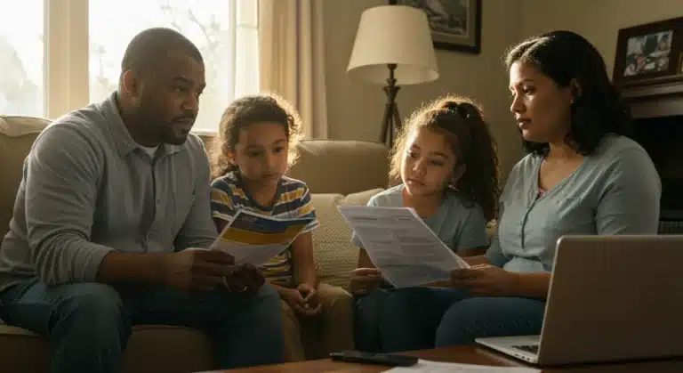 Low-income family reviewing new federal health policy documents in their home