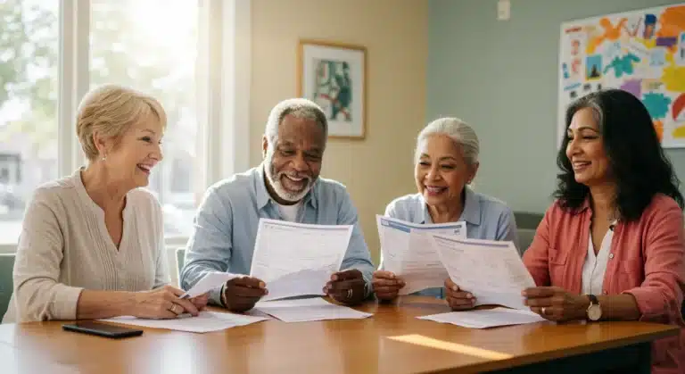 Seniors discussing Medicare Advantage plan documents for 2026, highlighting informed healthcare decisions.