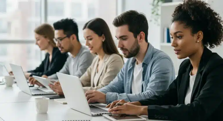 Professionals learning online with free development courses