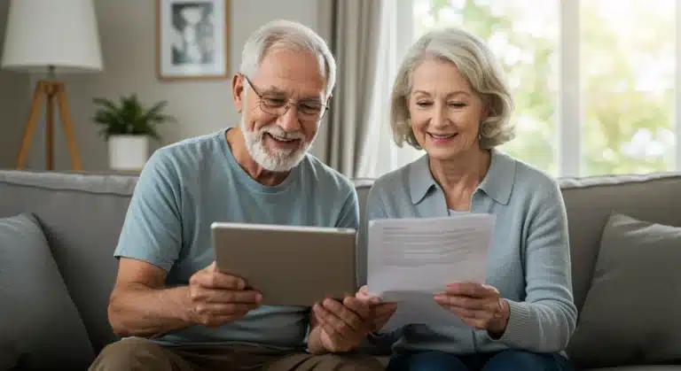 Smiling senior couple reviewing Medicare benefits on a tablet