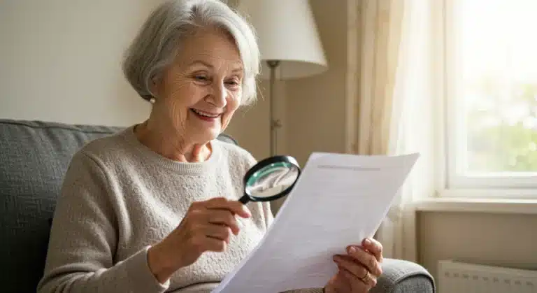 Smiling senior woman reviewing rental assistance documents at home