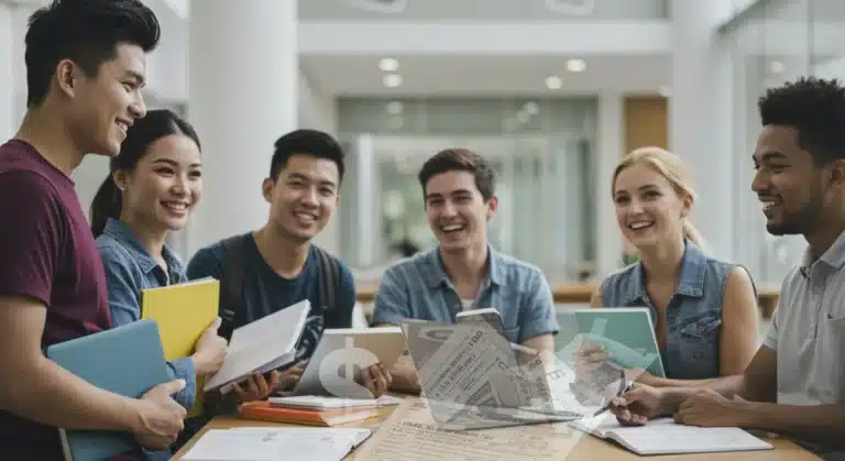 Students discussing finances with tax forms in background, symbolizing student loan tax savings.