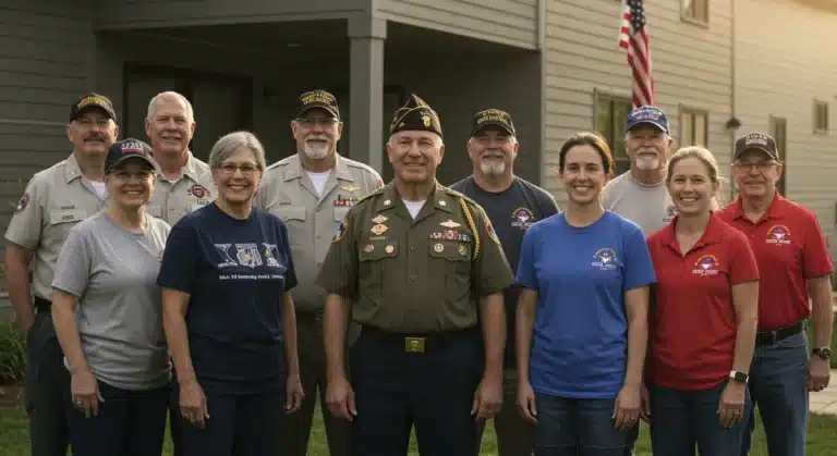 Smiling veterans standing proudly in front of a modern home, symbolizing secure housing.
