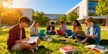 Diverse college students studying together on a university campus lawn