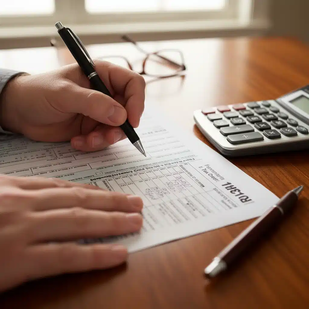 Hands filling out tax forms for child tax credit eligibility