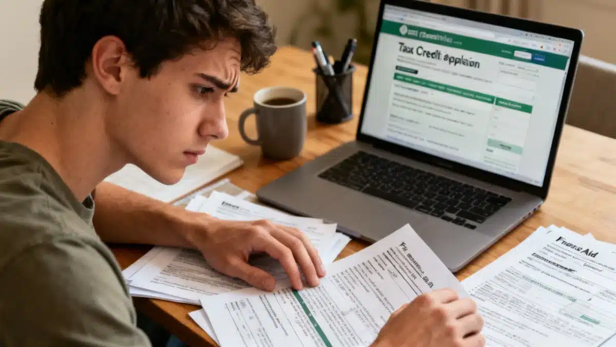 Young adult reviewing financial aid documents at a desk