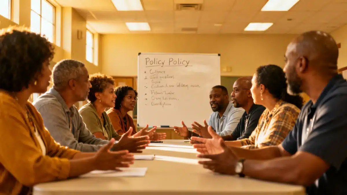 Parents and community leaders discussing new education policies.