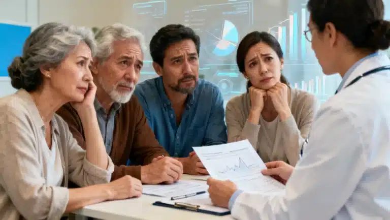 Group of diverse adults discussing financial aid for medical bills with a healthcare advisor