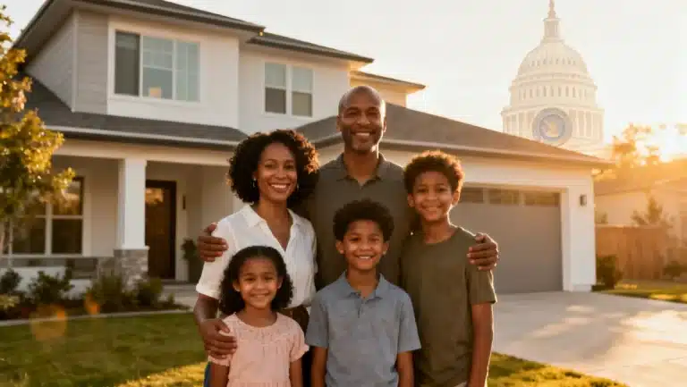 Family standing confidently in front of their home, representing federal foreclosure prevention aid.