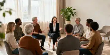Group therapy session with diverse individuals and therapist