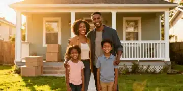 Happy family standing in front of their new home, symbolizing rapid re-housing success.