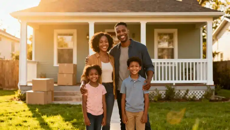 Happy family standing in front of their new home, symbolizing rapid re-housing success.