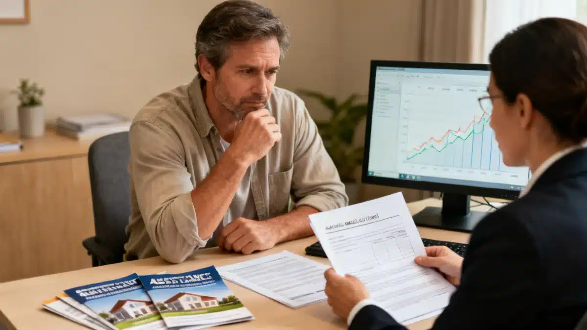 Homeowner discussing foreclosure prevention options with a financial counselor, reviewing documents.
