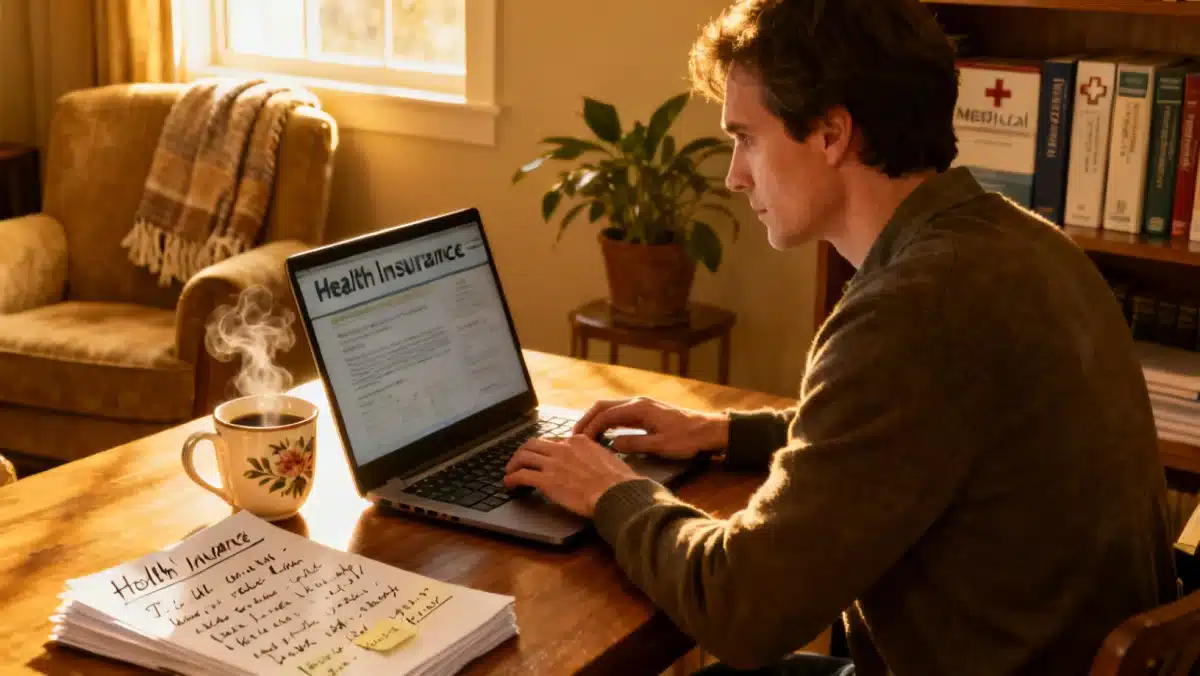 Person researching mental health insurance plans on laptop