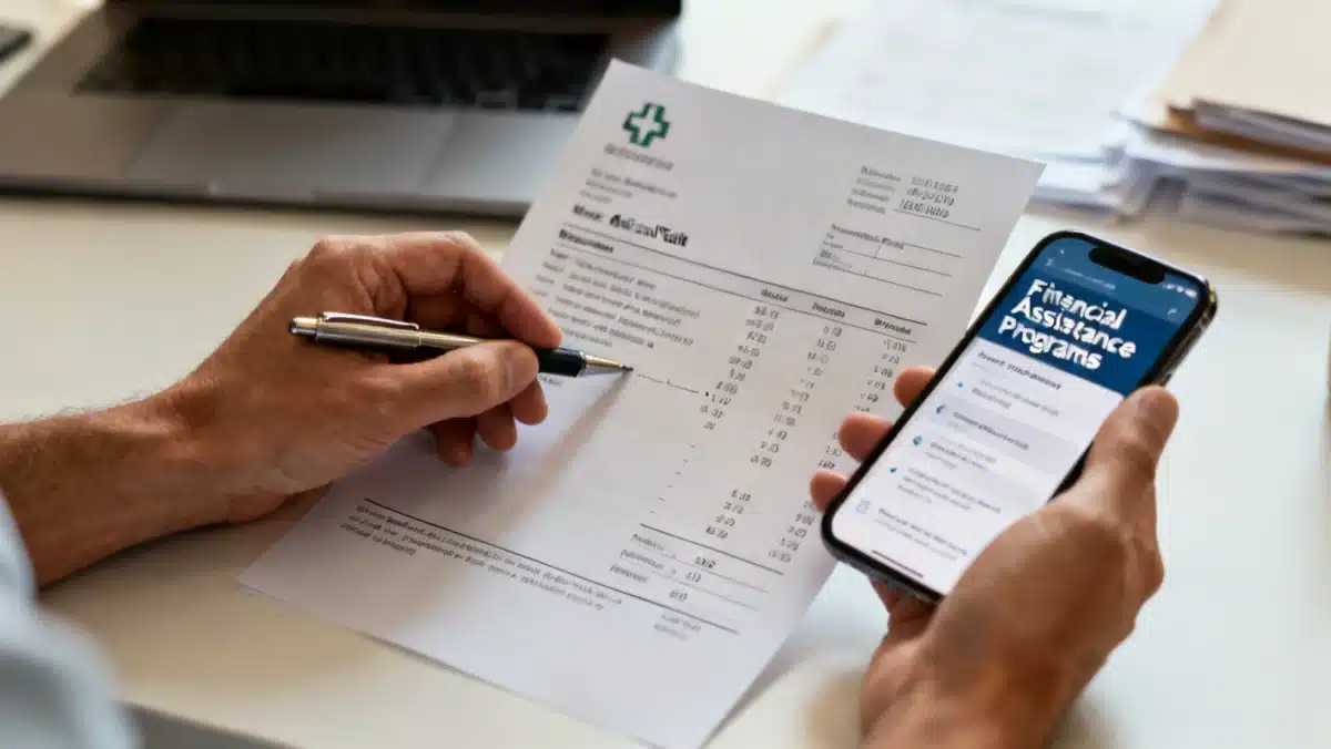 Person reviewing a medical bill and researching financial assistance on a smartphone