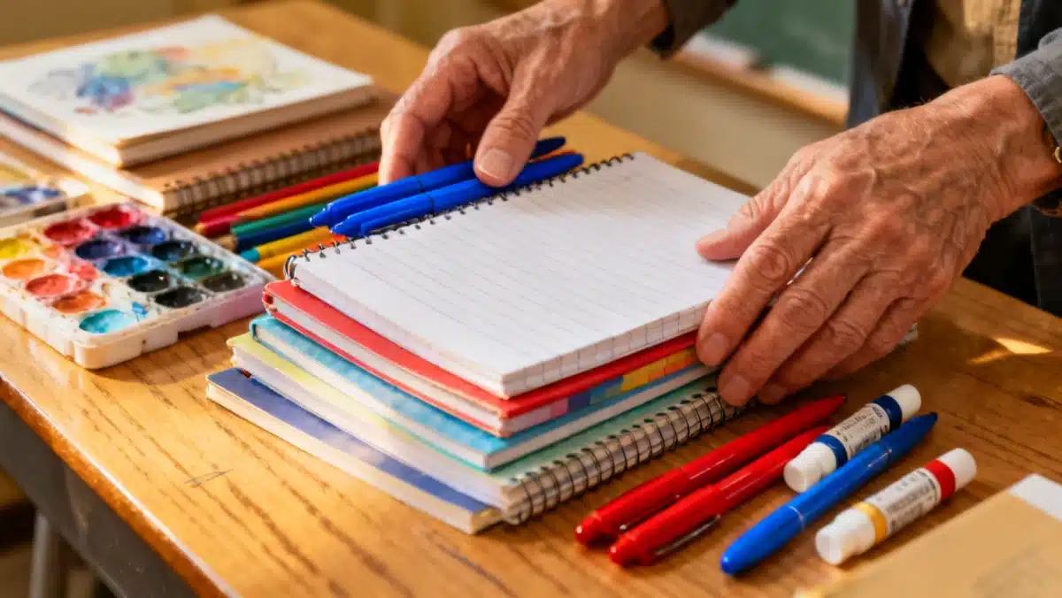 Teacher organizing various colorful school supplies on a desk.