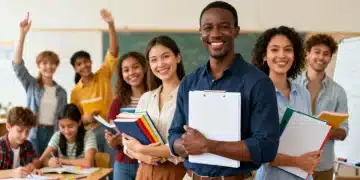 Teachers smiling in classroom with teaching materials, representing educator dedication.