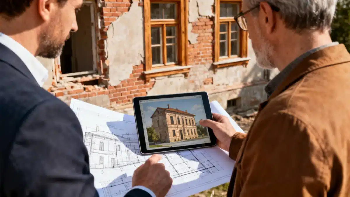 Architect and owner discussing historic restoration plans