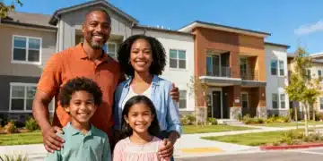 Family smiling in front of an affordable housing complex, symbolizing housing assistance
