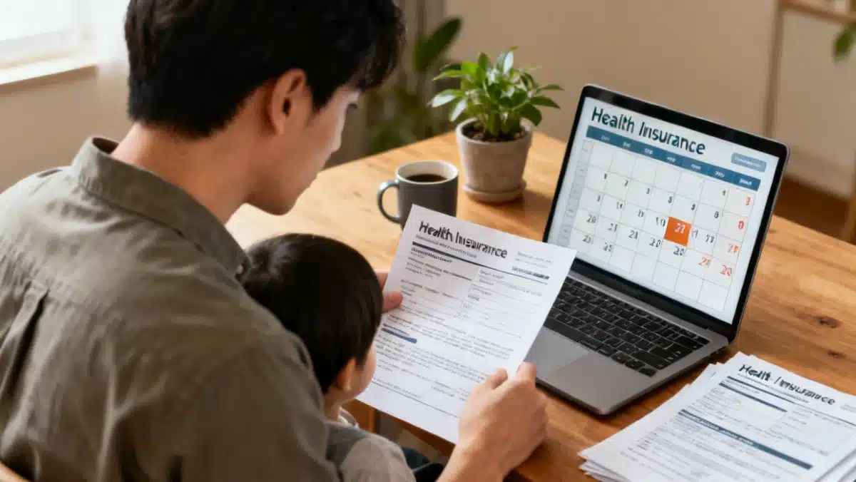 Individual reviewing health insurance documents on a laptop