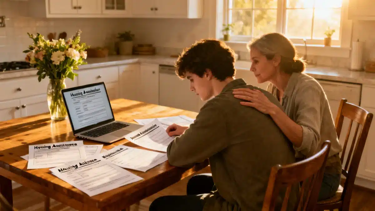 Individual reviewing HOPWA application forms at home with support.