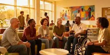 Diverse individuals engaging with housing support staff, symbolizing HOPWA assistance.