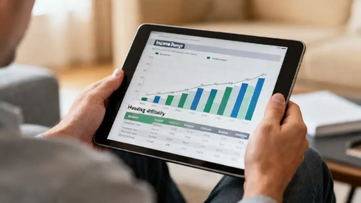 Hands holding a tablet displaying income limit charts for housing assistance
