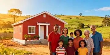Family smiling in front of new rural home, symbolizing affordable housing