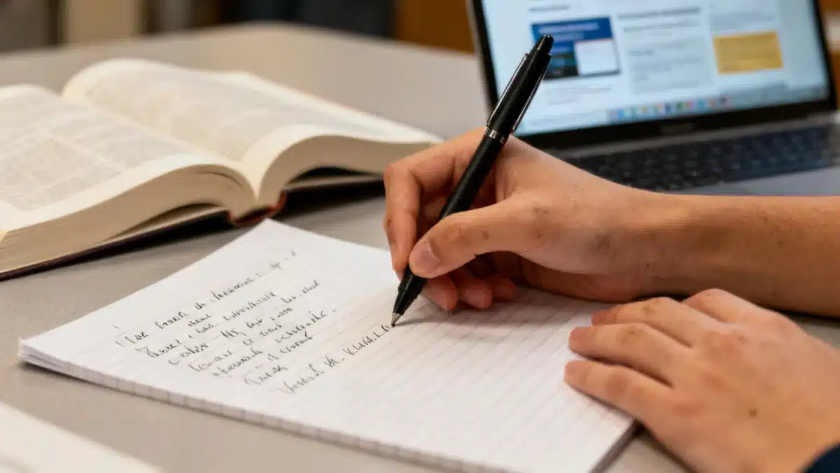 Student actively taking notes during a virtual tutoring session