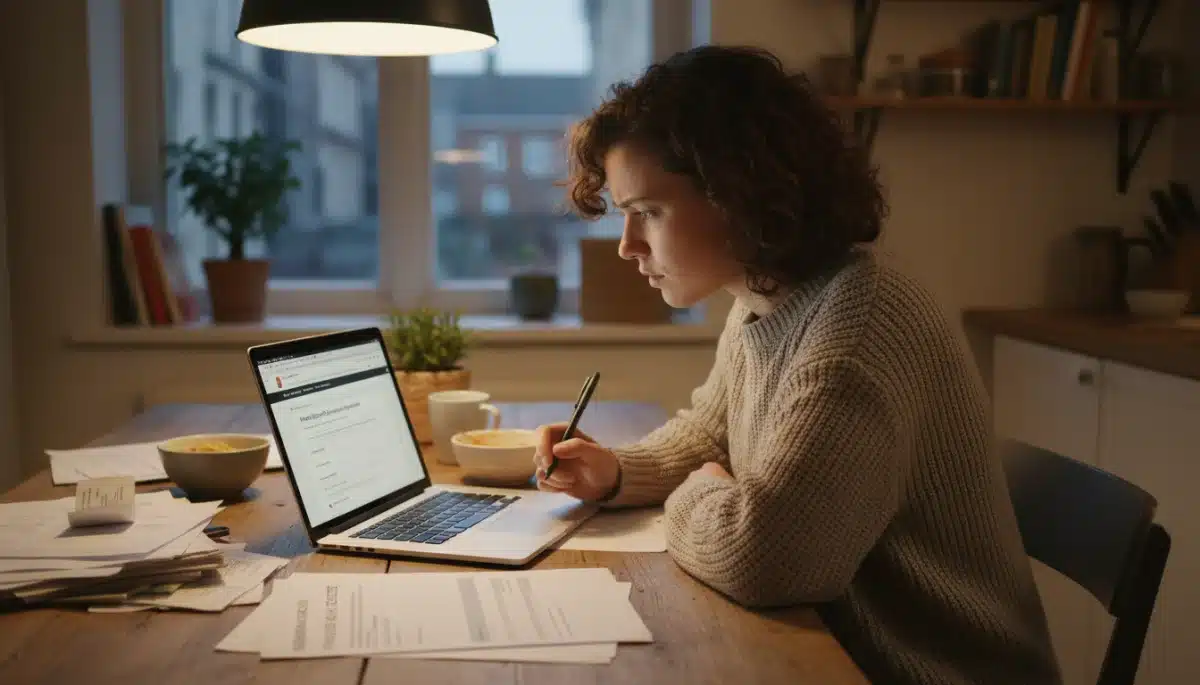 Person applying for rental deposit assistance programs, reviewing documents and using a laptop.