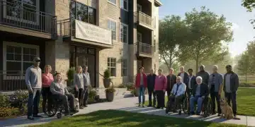 Veterans smiling in front of a supportive housing building