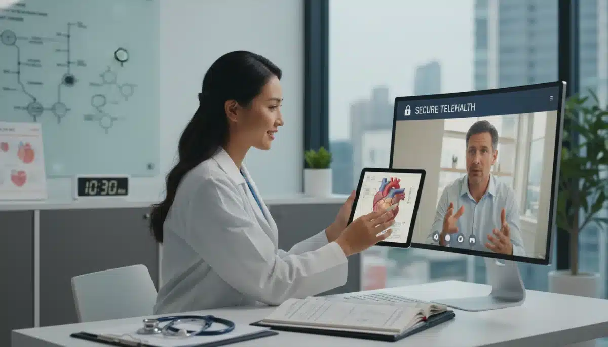 Physician conducting virtual consultation with patient, secure telehealth