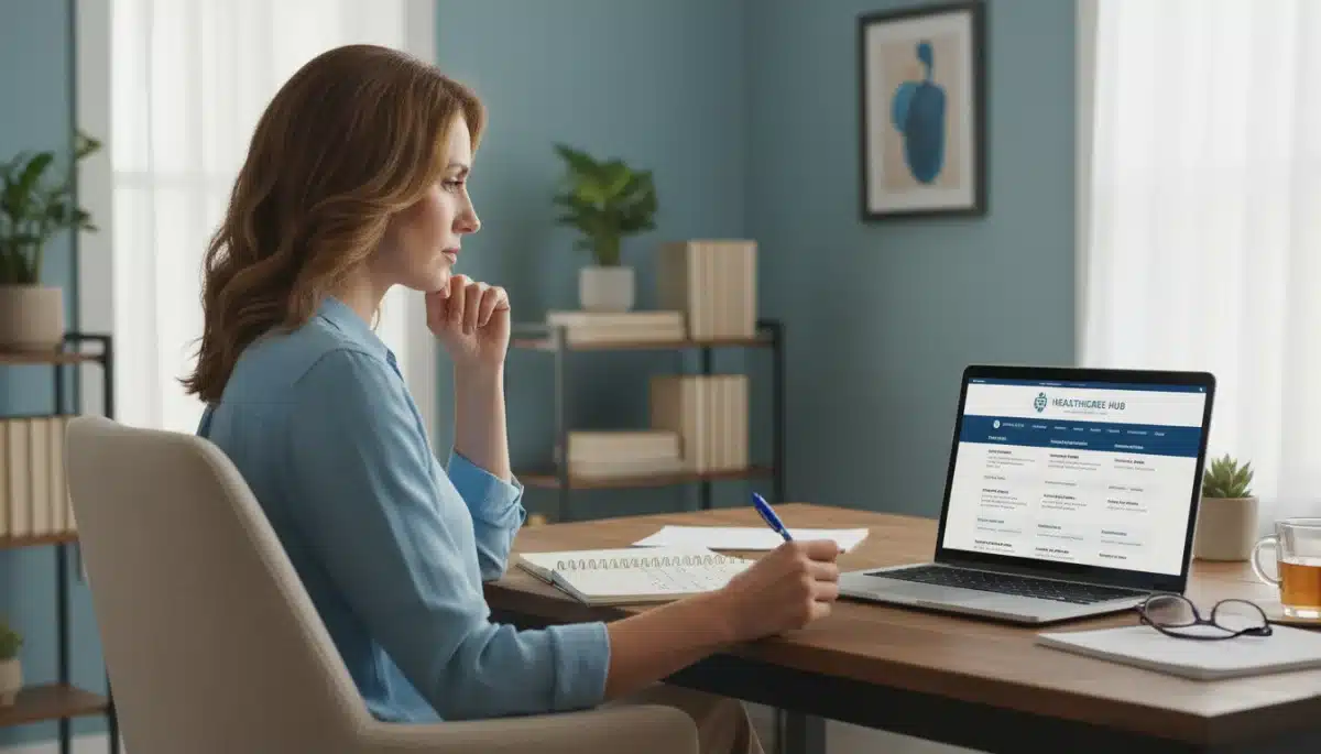 Woman researching health insurance marketplace on laptop