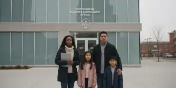 Family facing housing assistance office, preparing to appeal denial