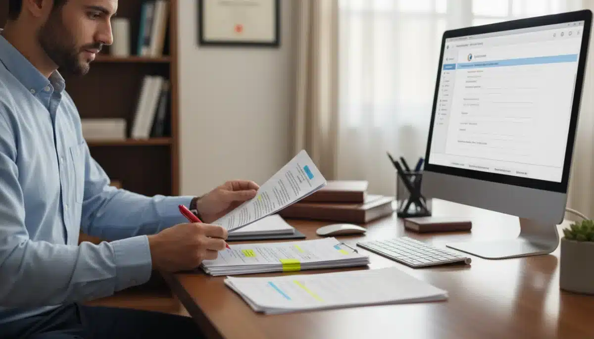 Person meticulously organizing documents for housing appeal