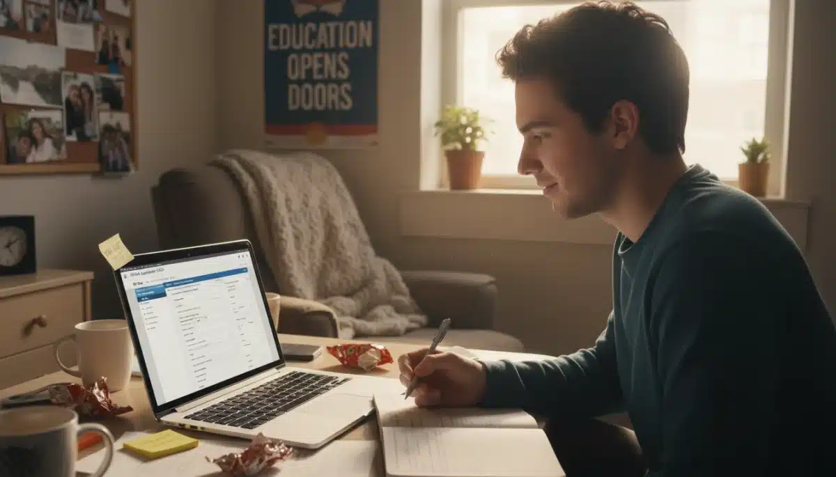 Student researching financial aid options on a laptop at home