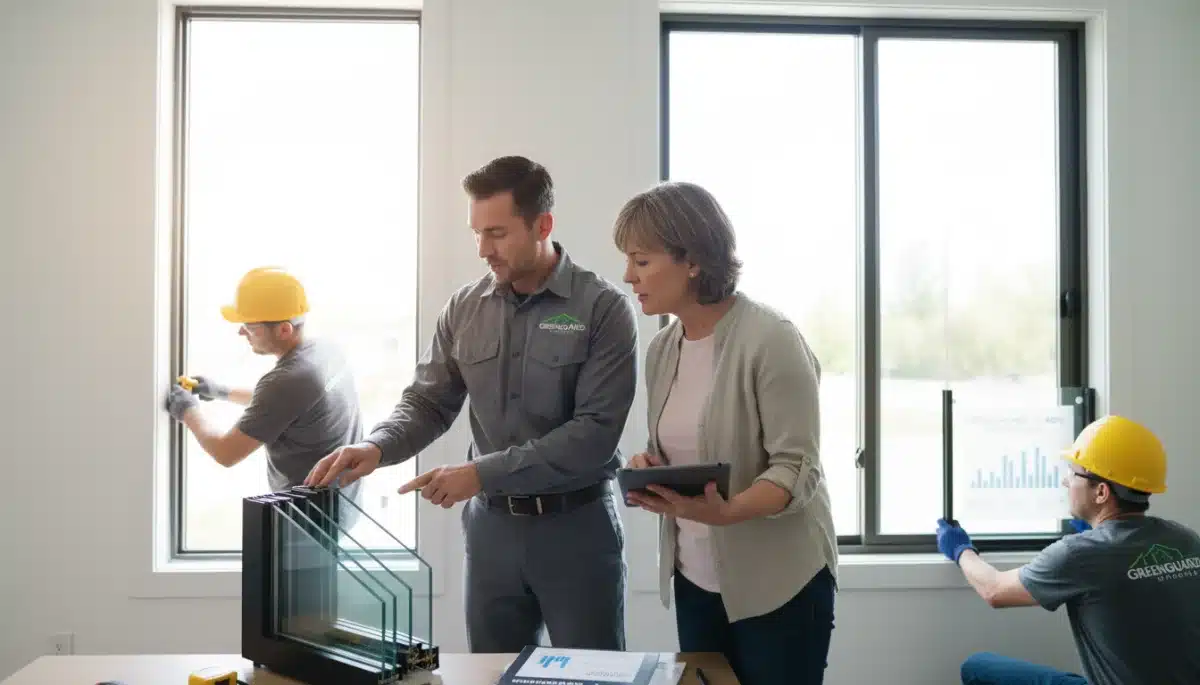 Expert discussing energy-efficient window installation with homeowner
