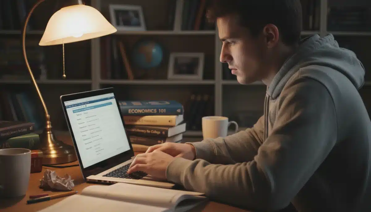 Student diligently completing financial aid applications on a laptop, surrounded by study materials.