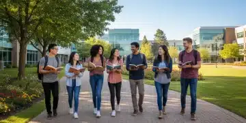Students walking on a community college campus, symbolizing free education opportunities.