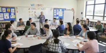 Diverse adult immigrants learning English in a free ESL classroom setting