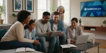 Family and young adults reviewing HealthCare.gov options on digital devices